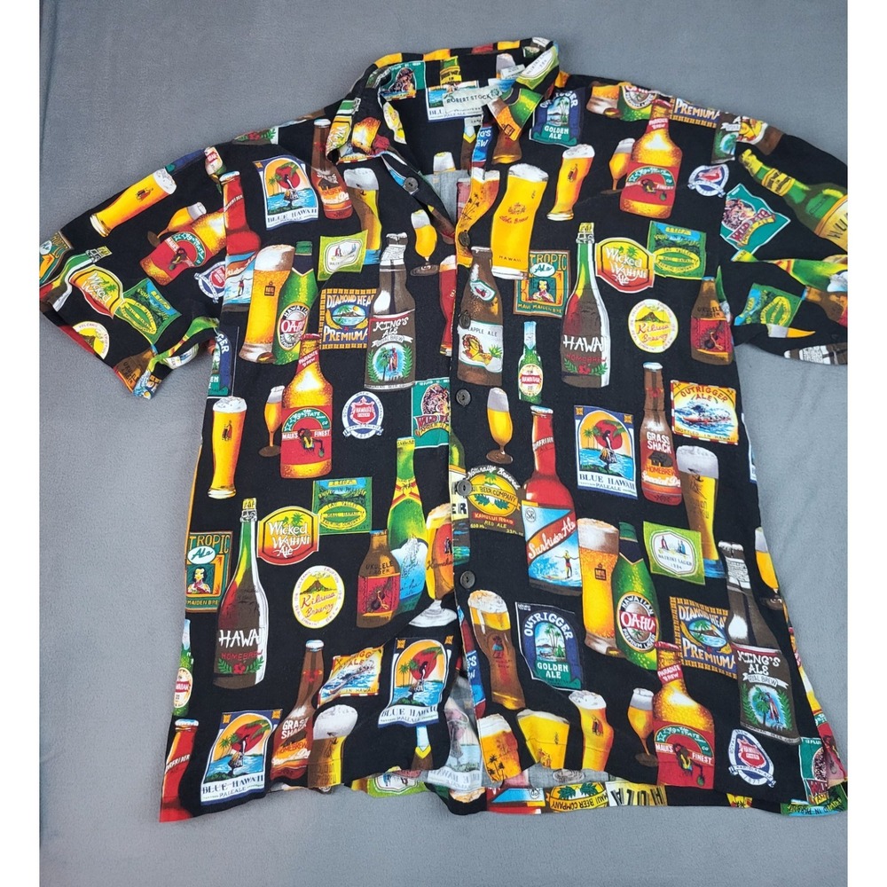 Robert Stock Rayon Beer Shirt Men L Black AOP Bottles‎ And Beer Lightweight Bar